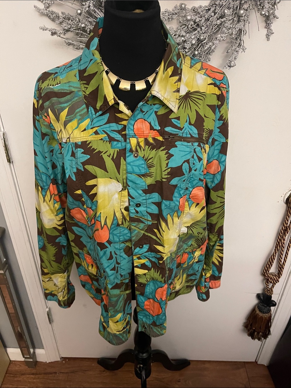 Chico's Tropical Leaf Print Button-Up Shirt - Brown, Teal, Green, Orange, Yellow